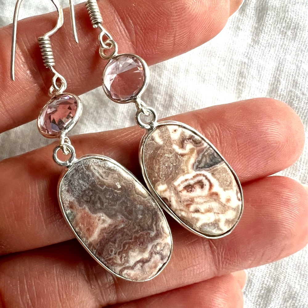 925 Playful Crazy Lace Agate + Morganite Earrings - Picture 5 of 6